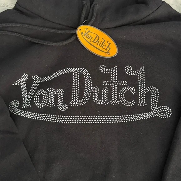 Von Dutch Black Pullover Hoodie with Rhinestones Logo XL - Picture 3 of 5